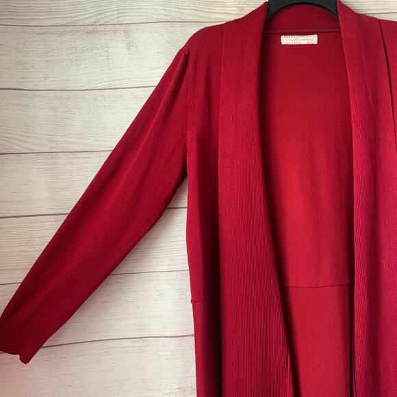 Pointelle Long Red Cardigan Sweater Open Front Folded Neckline Size Small - Picture 4 of 16